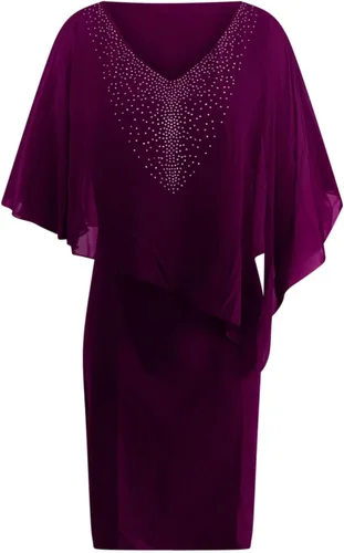 Vista 5 de Vestido de capa para mujer, talla grande, con cuello en V y diamantes de imitación, superposición de gasa, vestido de tubo bodycon para boda, cóctel
