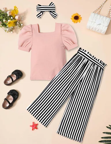 Vista 34 de DONWEN Conjunto de 3 piezas de ropa para niñas pequeñas y niñas con cuello cuadrado + pantalones elegantes + diadema para primavera y verano