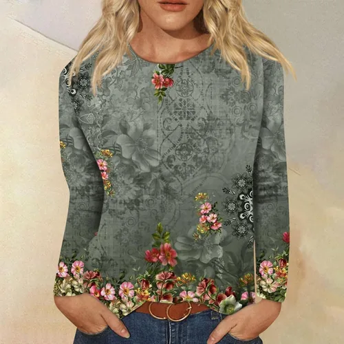 Vista 2 de Camisas de manga larga para mujer, camisetas de manga larga con cuello redondo, camisetas básicas, cómodas, estampadas, blusas