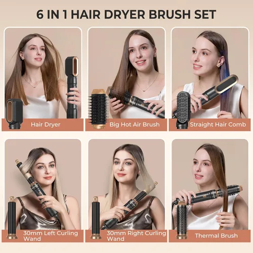 Vista 2 de Cepillo Secador de Cabello 6 en UNO, Juego de Herramientas de Peinado de Varita Rizadora, Secador de Cabello de Aire Caliente Iónico, Secador