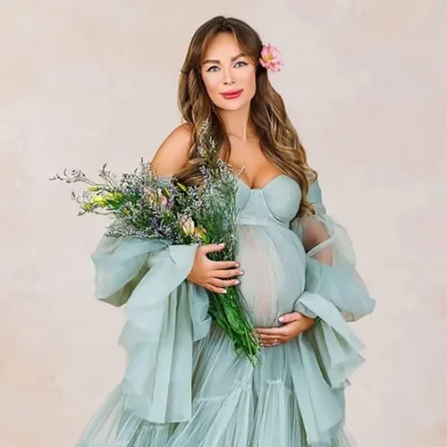 Vista 6 de Vestidos de maternidad de tul para sesión de fotos, batas de hombro descubierto, manga larga, lencería nupcial, vestido de baby shower, vestidos