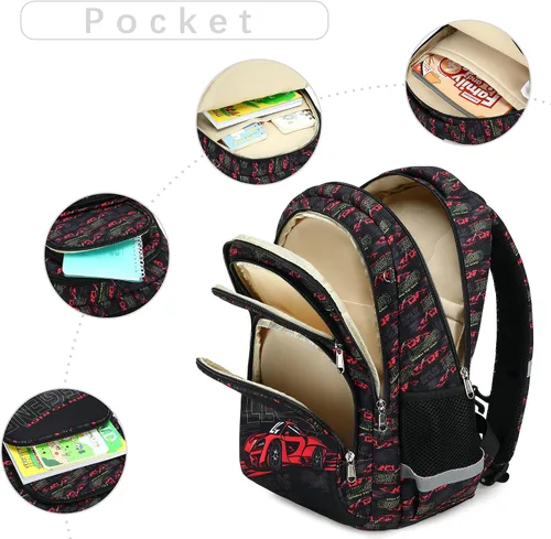 Vista 4 de abshoo Mochila infantil para niñas, escuela primaria y jardín de infantes, bonita mochila escolar, negro, (car black), Mediana, Lindo
