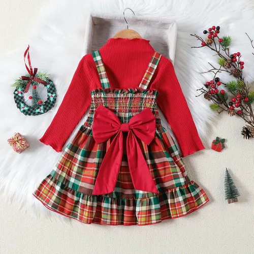 Vista 2 de Vestido de Navidad para niñas pequeñas, con base roja, lazo grande, a cuadros, ropa de bebé