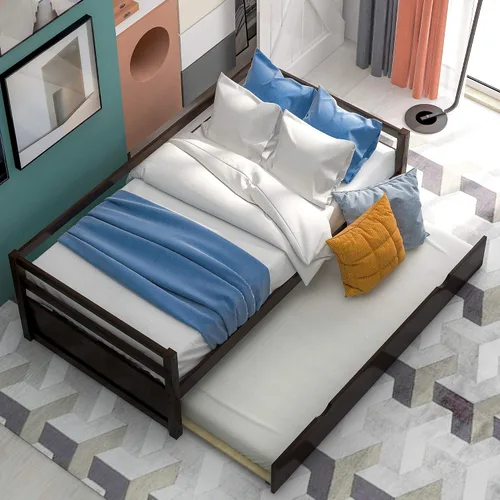 Vista 4 de P PURLOVE Sofá cama de tamaño individual con marco de cama nido, sofá cama de madera para sala de estar, habitación de invitados, dormitorio