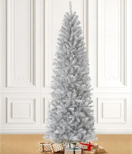 Vista 2 de Glitzhome Árbol de Navidad artificial de oropel plateado de 7.5 pies, 7.5 pies, plateado
