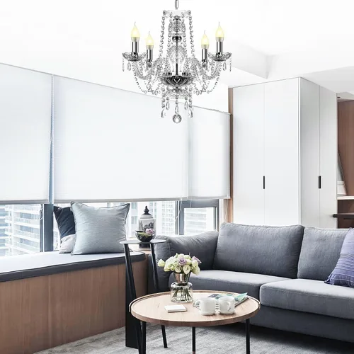 Vista 2 de Ridgeyard Candelabro transparente de 4 brazos con forma de gota de lluvia de cristal, lámpara de techo empotrada para comedor, sala de estar