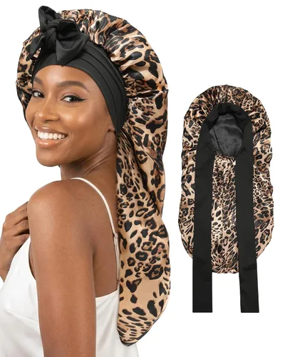 Vista 20 de AWAYTR Gorro largo de satén para mujer, gorro de seda elástica de doble capa para trenzas, gorro de dormir con banda de amarre (negro)