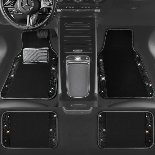 Vista 4 de CAR PASS - Funda de volante de cuero con diamantes brillantes, tapetes de piso de 36.8 cm a 38.1 cm con diamantes de imitación brillantes, alfombra
