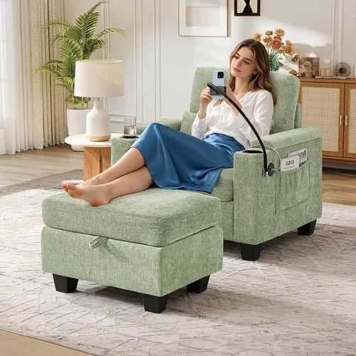Vista 16 de Chaise Lounge Chair para interiores con puerto USB y soporte para teléfono, sillón reclinable pequeño de felpilla con otomana de almacenamiento