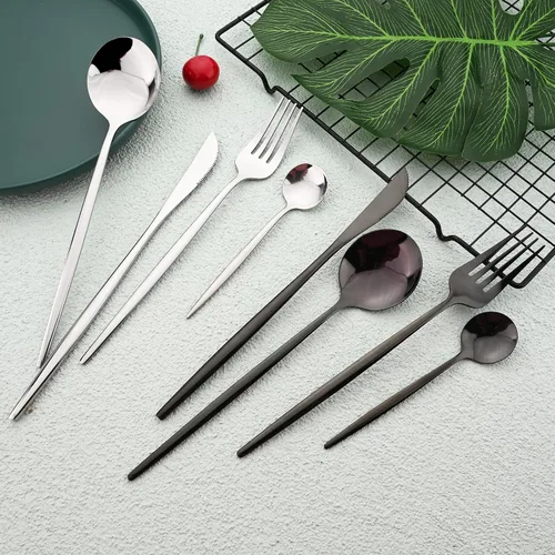 Vista 6 de Juego de cubiertos de 24 piezas, juego de cubiertos de acero inoxidable con espejo, cucharas, tenedores, cuchillos, diseño moderno, servicio para 6
