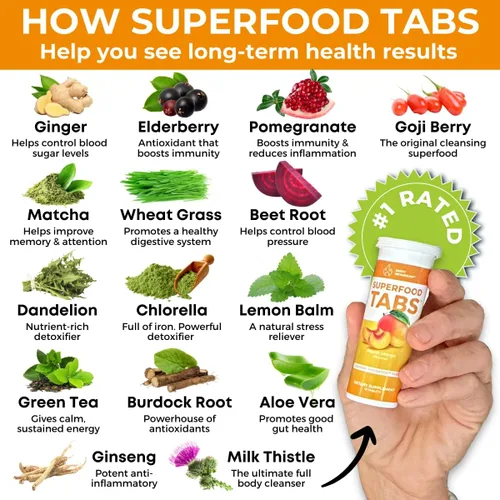 Vista 4 de Superfood Tabs skinnytabs - Bebida limpiadora antihinchazón con 15 superalimentos, apoya la digestión, la energía y los antojos, vegano, sin OMG, 30