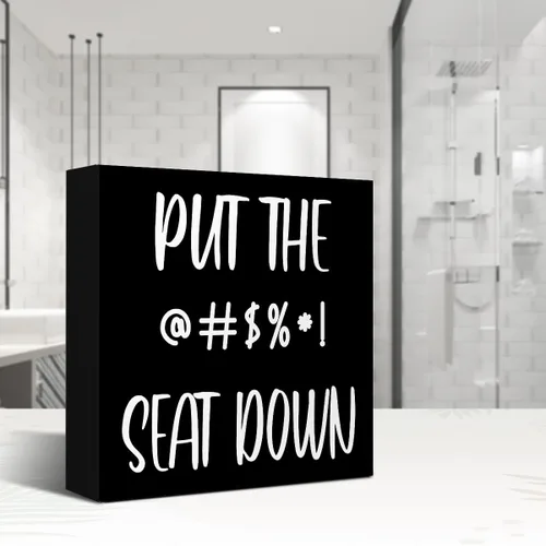Vista 4 de LVQHI Letrero de madera divertido con texto en inglés «Put The Seat Down Negro