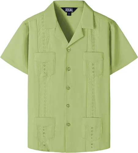 Vista 21 de JOGAL Camisas guayabera cubanas para niños de manga corta con botones, camisa casual de playa Verde militar