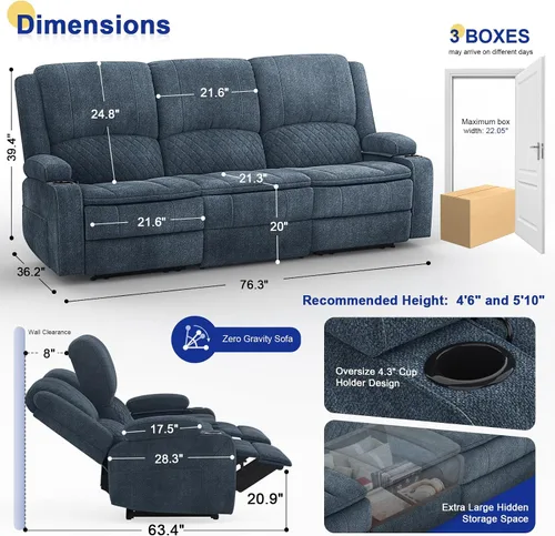 Vista 2 de Sofá reclinable de 3 plazas, sofá reclinable con consola elevable (tela, azul) Reclining Sofa with USB Removable Armrest, RV Sofa with Cup Holder