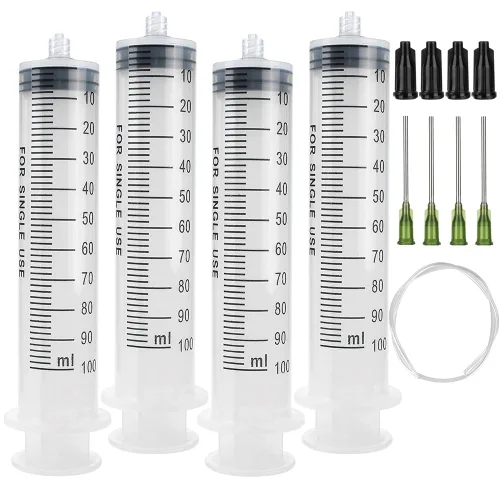 Vista 14 de Paquete de 4 jeringas de 100 ml, jeringa de jardín de plástico grande para laboratorios científicos, medición de nutrientes, riego, relleno