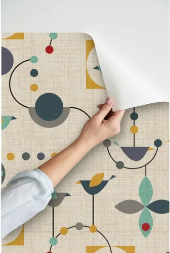 Vista 3 de Muestras de papel tapiz para despegar y pegar, diseño de pájaros de mediados de siglo, círculos abstractos modernos de los años 50, papel tapiz