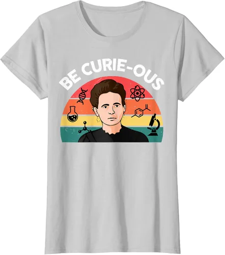 Vista 20 de Camiseta de ciencia para mujer Be Curie-ous Marie Curie Funny Chemist Teacher, Azul Azul Pastel