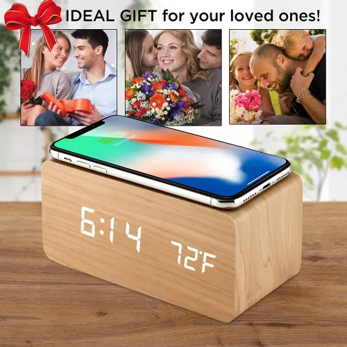 Vista 10 de OCT17 Reloj despertador con almohadilla de carga inalámbrica Qi, compatible con iPhone, Samsung, reloj digital LED de madera, función de control