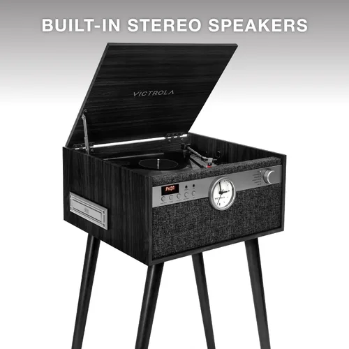 Vista 5 de Victrola Century Signature+ - Tocadiscos 6 en 1, color negro 6-in-1 plays vinyl, CD, cassette and aux, analog clock, 18" legs included