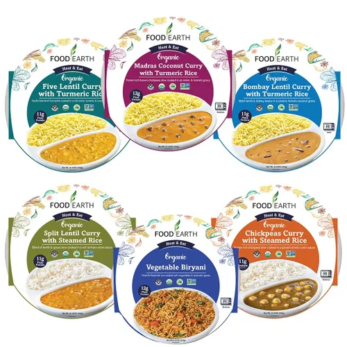 Vista 9 de Food Earth Paquete de cocina india listo para comer, curry de lentejas partidas, garbanzos al curry con arroz al vapor y verduras Biryani