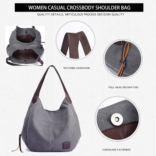 Vista 3 de Bolsa de lona para mujer, estilo casual, con múltiples bolsillos, para ir de compras, senderismo, viajes y trabajo