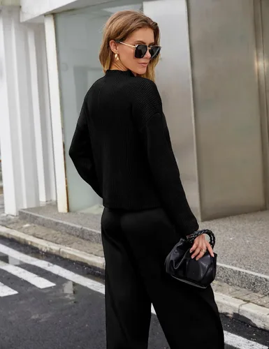 Vista 4 de GTLIAE Conjunto de dos piezas para mujer, suéter de manga larga, suéter de punto, pantalón suelto, conjunto de ropa de descanso