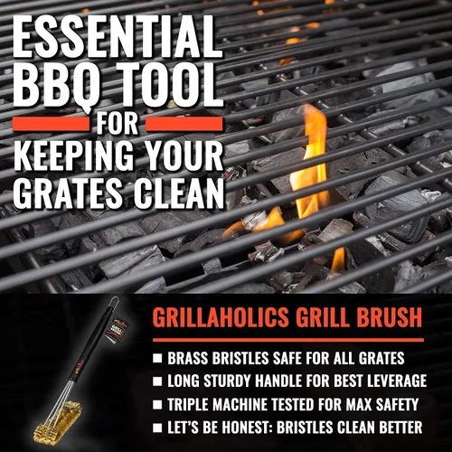Vista 3 de Grillaholics Paquete pesado de cepillo de parrilla de latón Essentials + alfombrilla antiadherente para parrilla