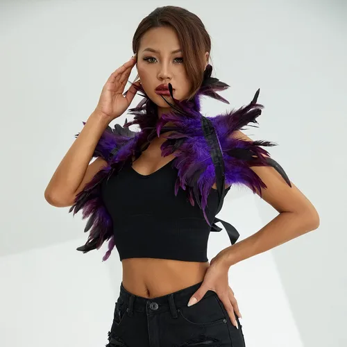 Vista 3 de Disfraz de capa de plumas naturales para mujer, chal gótico, cuello de encogimiento, capa de plumas para Halloween, disfraces de maléfica