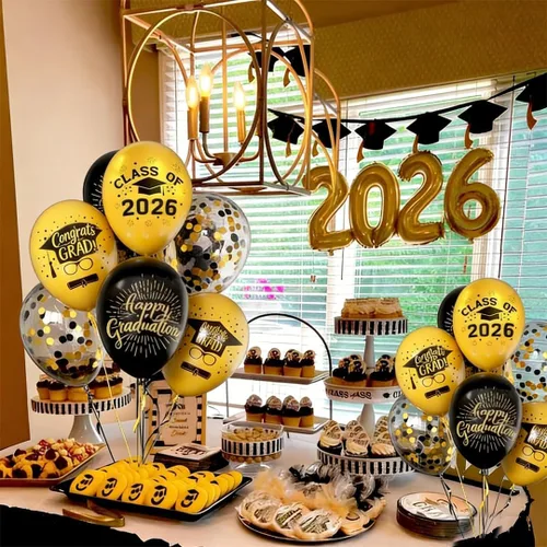 Vista 6 de Globos de graduación 2025 para fiesta de graduación, 50 globos de 30 cm negros y dorados de látex para graduación, globos de fiesta de graduación