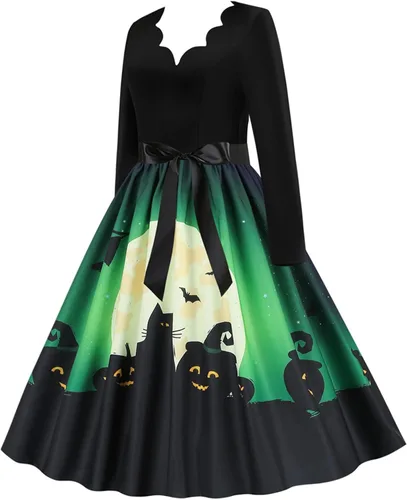 Vista 2 de Vestido de Halloween para mujer, casual, con cuello en V, con cremallera, manga larga, con panel de vuelo 2022
