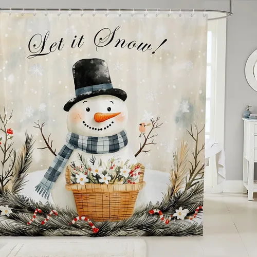 Vista 11 de Homewish Cortina de ducha de árbol de Navidad, juego de cortina de ducha de baño con diseño de copo de nieve dorado para niños y adultos, cortina
