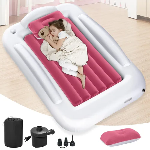 Vista 10 de Cama de viaje inflable para niños pequeños - Cama de viaje portátil para niños con lados de seguridad, juego completo de colchón de aire para niños