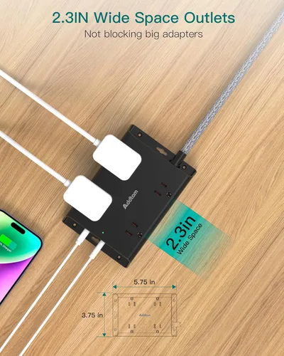 Vista 4 de Protección contra sobretensiones Addtam, cable de extensión de enchufe plano de 5 pies con 4 cargadores de pared USB (2 puertos USB C), 4 tomas