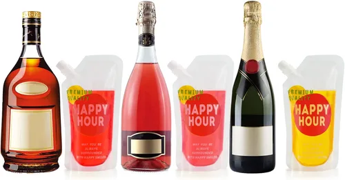 Vista 3 de 6 bolsas de bebidas para adultos, botellas de plástico, reutilizables, desechables, con embudo (8 onzas)