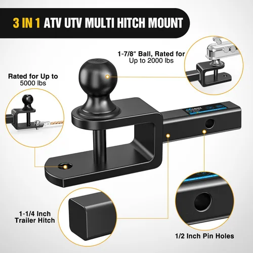 Vista 5 de Nilight - Soporte de enganche múltiple 3 en 1 ATV UTV Bola de 1-7/8 pulgadas se adapta a enganche receptor de 1-1/4 pulgadas nominal de 2000