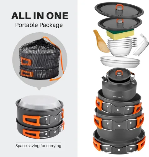 Vista 5 de Odoland 15pcs Camping Cookware Non-Stick Lightweight Camping Pots and Pans Set with Kettle Plastic Plates Bowls Soup Spoon for Camping, Backpacking