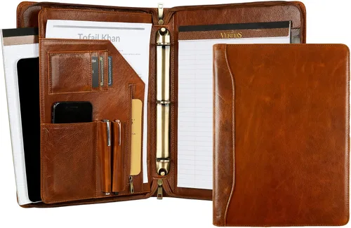 Vista 11 de Carpeta y organizador de cuero genuino, carpeta de cuero vintage de 3 anillos, padfolio personalizado para hombres de negocios, blocs legales