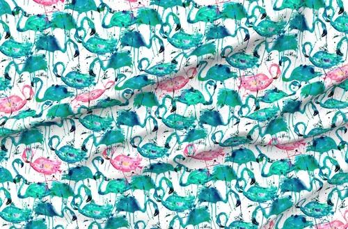 Vista 4 de Spoonflower Tela: verde azulado, rosa, flamencos, salpicaduras, acuarela, pájaros, verano, tropical, estampado en tela de gasa de cuarto grueso