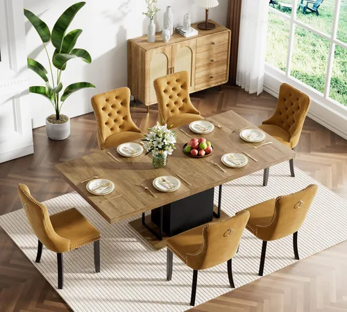 Vista 54 de Juego de mesa de comedor extensible marrón de 63 a 78.74 pulgadas para 4, juego de mesa de comedor de 5 piezas con 4 sillas, mesa de cocina