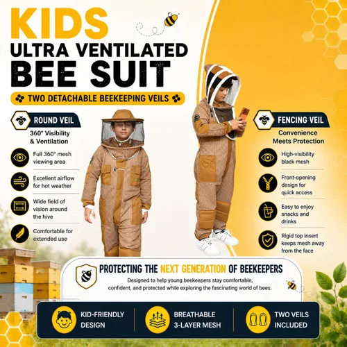 Vista 3 de Kids Bee Suit, 3 Layer Ventilated Beekeeping Suit with Gloves & 2 Veils, Protective Beekeeper Suit for Children Boys Girls (Kid Brown S)