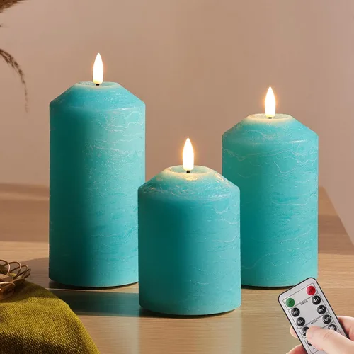 Vista 12 de Velas de pilar sin llama rosa con control remoto, velas LED parpadeantes de cera a pilas, juego de 3 Flickering LED Candles, 2 AA Battery