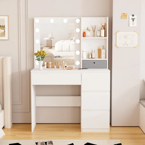 Vista 2 de Fameill Tocador de maquillaje con luces, escritorio de tocador de 37 pulgadas con espejo y luces, 4 cajones, 3 modos de iluminación, brillo