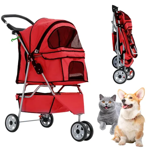 Vista 8 de Cochecito para perros con cesta de almacenamiento, cochecito para mascotas de 3 ruedas, transpirable, compacto, portátil, plegable, para viajes