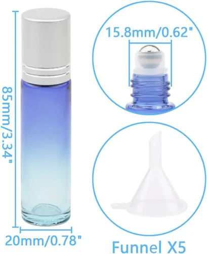 Vista 2 de Juego de 10 botellas enrollables de vidrio, 0.3 fl oz (1/3 onza), tarros de rodillo de gradiente azul con abridor de embudos, frascos de vidrio