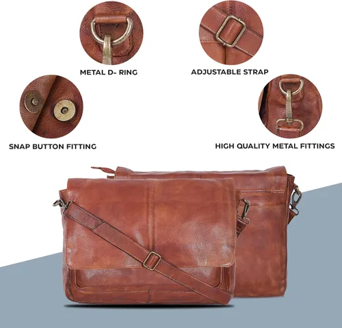 Vista 6 de Bolso de mensajero de cuero real para hombres y mujeres Maletín para laptop para oficina universidad correa de hombro ajustable