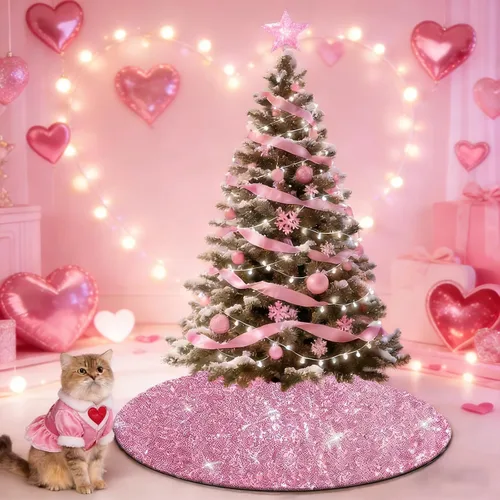 Vista 6 de yuboo Falda de árbol de Navidad rosa, 30 pulgadas, con lentejuelas pequeñas con purpurina rosa, adornos de árbol de San Valentín para lápiz, árbol