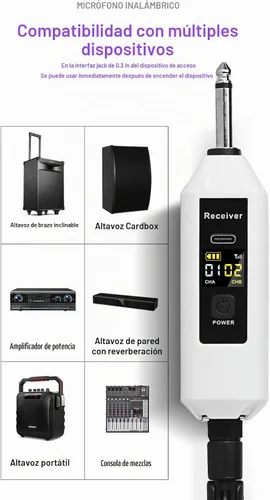 Vista 2 de Micrófonos inalámbricos, metal, sistema dinámico inalámbrico UHF dual, receptor recargable, recepción de rango de 200 pies, micrófono de karaoke