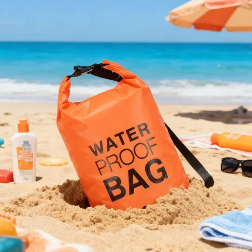 Vista 3 de Bolsa seca impermeable de 5L - Paquete sumergible naranja para kayak, natación y playa