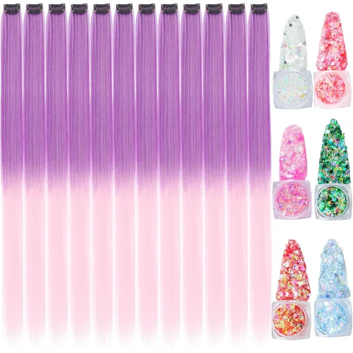 Vista 25 de Extensiones de cabello de colores, extensión de cabello liso con clip de 22 pulgadas, extensiones de cabello con brillantina multicolor arcoíris
