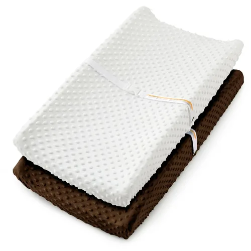 Vista 10 de Homiest Paquete de 2 fundas para cambiador, sábanas blancas y beige, tela de vellón ultra suave, tela de lunares minky, funda transpirable y cómoda